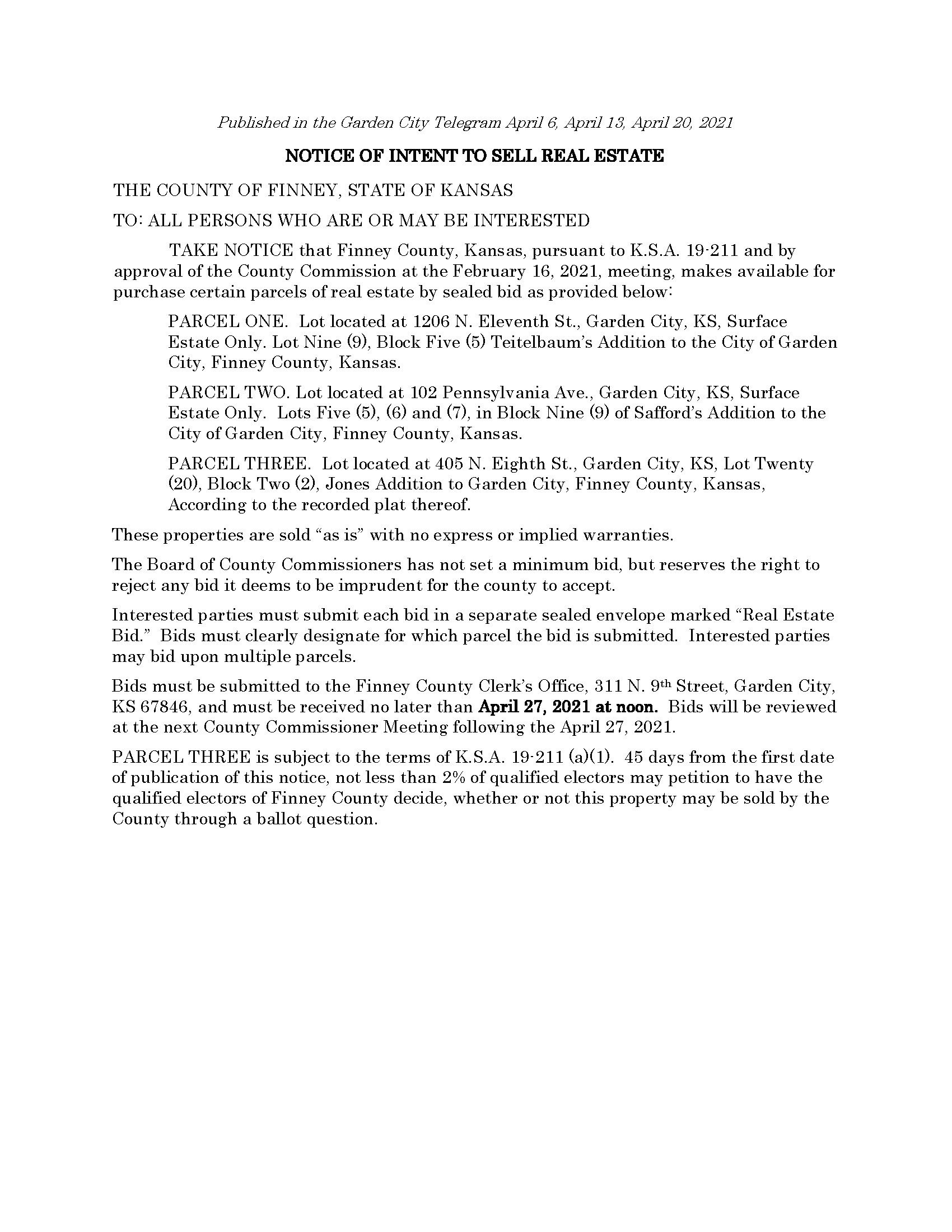 Notice of Intent to sell real estate